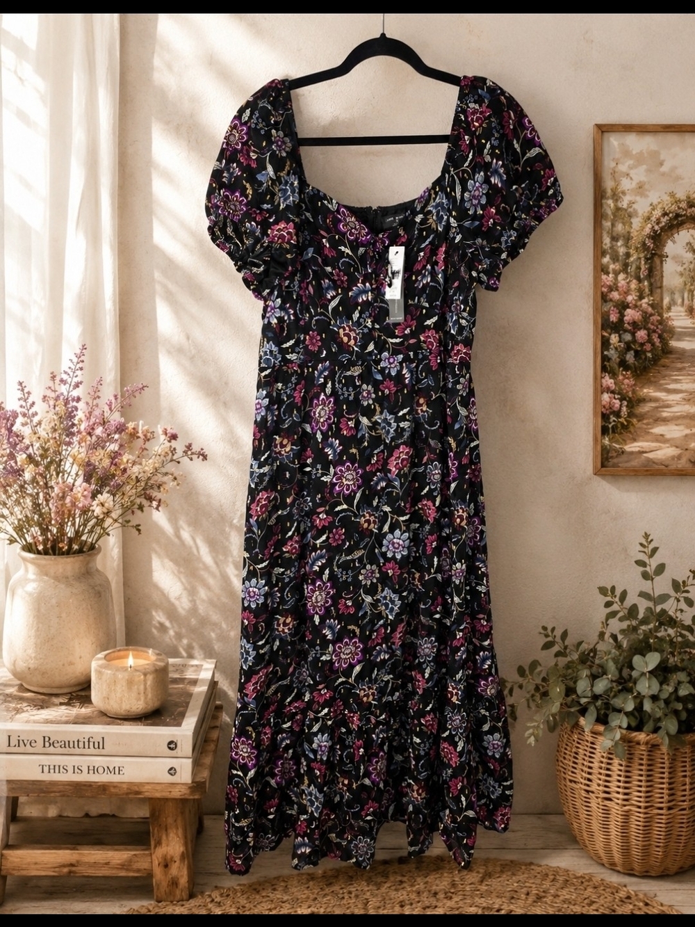 Lane Bryant Black Floral Puff-Sleeve Maxi Dress with Pink and Purple Blooms